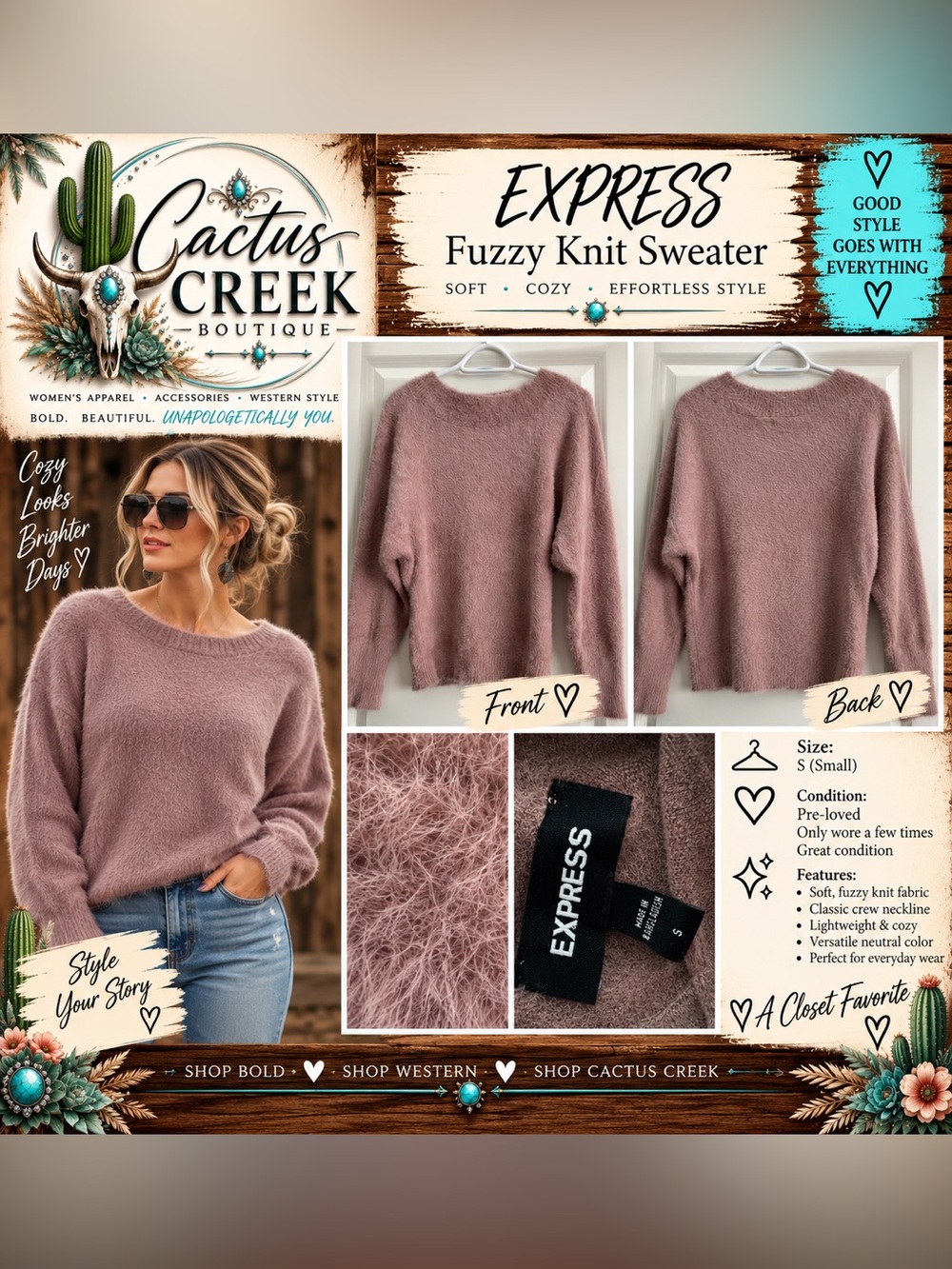 Express Fuzzy Crewneck Sweater in Mauve